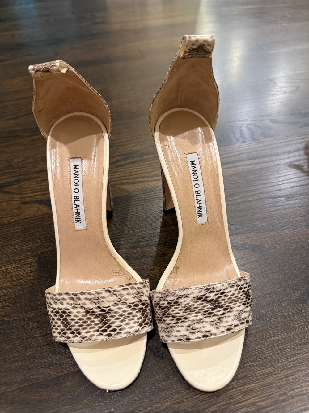 Manolo Blahnik Beige Snake-Print Open-Toe Heels without straps (final $)